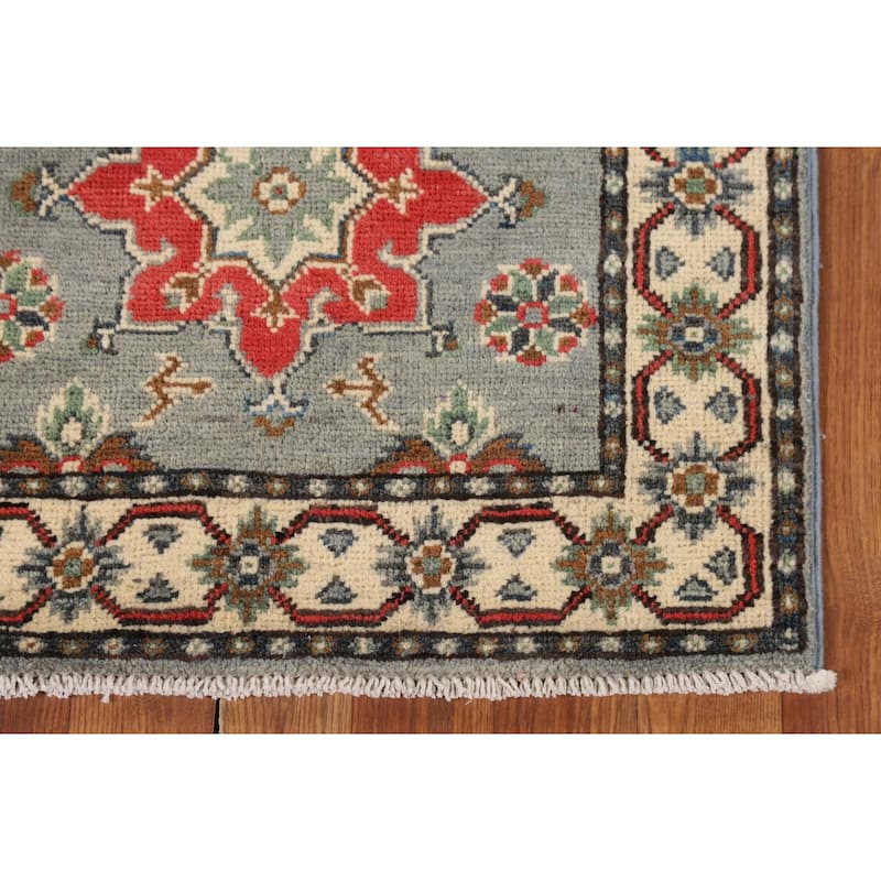 Gray Geometric Kazak Oriental Runner Rug Hand-Knotted Wool Carpet - 2'2" x 6'0"
