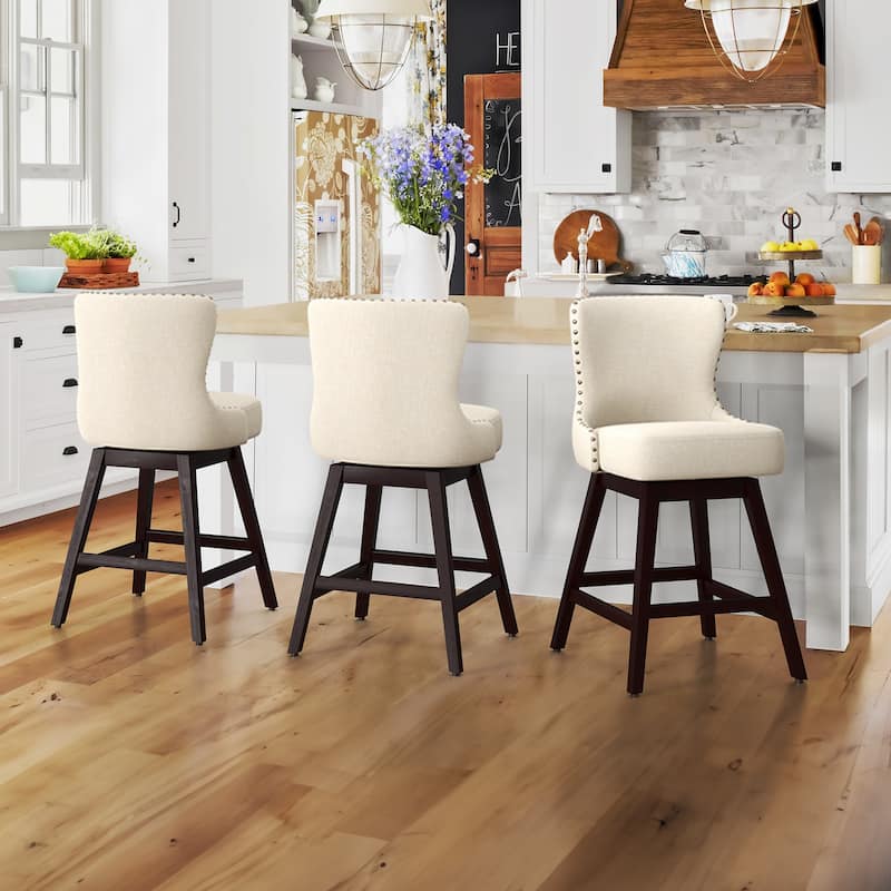 26 in. Mid-Century Modern Swivel Bar Stools Faux Leather and Linen Counter Stools with Wood Frame（Set of 3） - 20"W x 20"D x 39"H - Off-white-Linen
