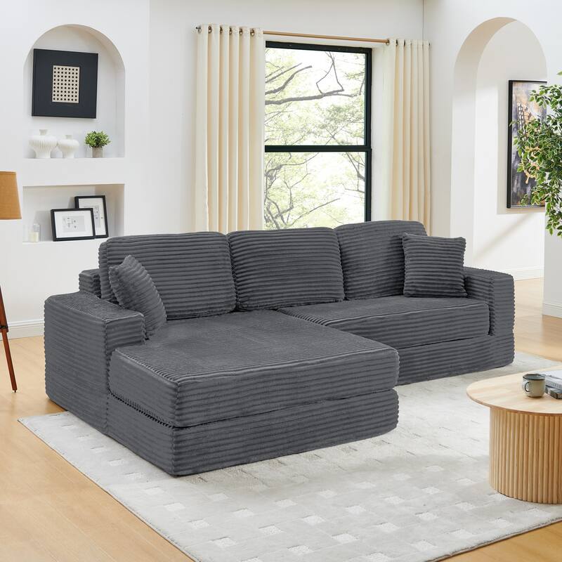 Modern Corduroy L-shaped Sectional Sofa with Chaise Expanded into Queen Size Floor Bed Comfy Compressed Sofa Couch
