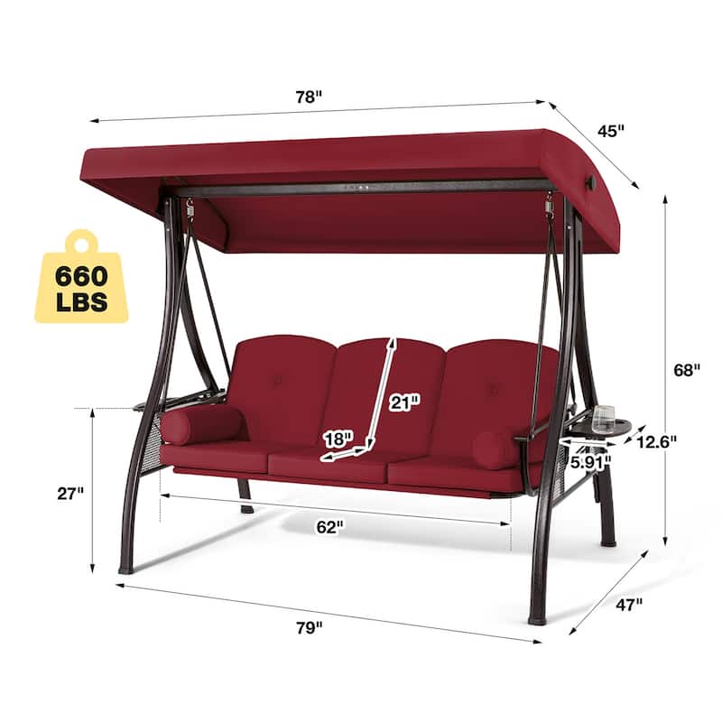 3-Seat Patio Swing with Adjustable Canopy, 750lbs Heavy Duty, Convertible Outdoor Bed, All-Weather, Cup Holders & Thick Cushions