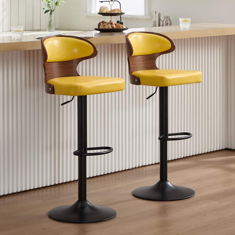 PU Leather Upholstered Curved Backrest 360° Swivel Adjustable Height Bar Stools with Footrest(set of 2)