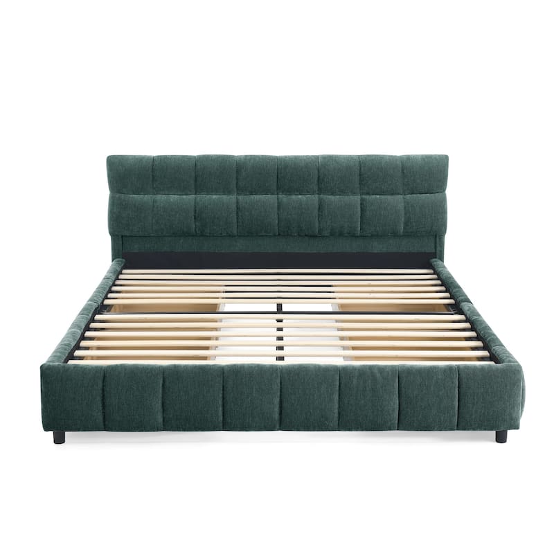 Queen Size Upholstered Bed with Storage Drawers, Soft Chenille Fabric Frame, Modern Platform Bed with Headboard