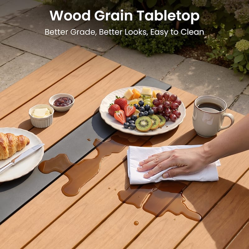 Outdoor Patio Dining Table with LED Light Strip Aluminum Rectangular X-Shaped with Umbrella Hole