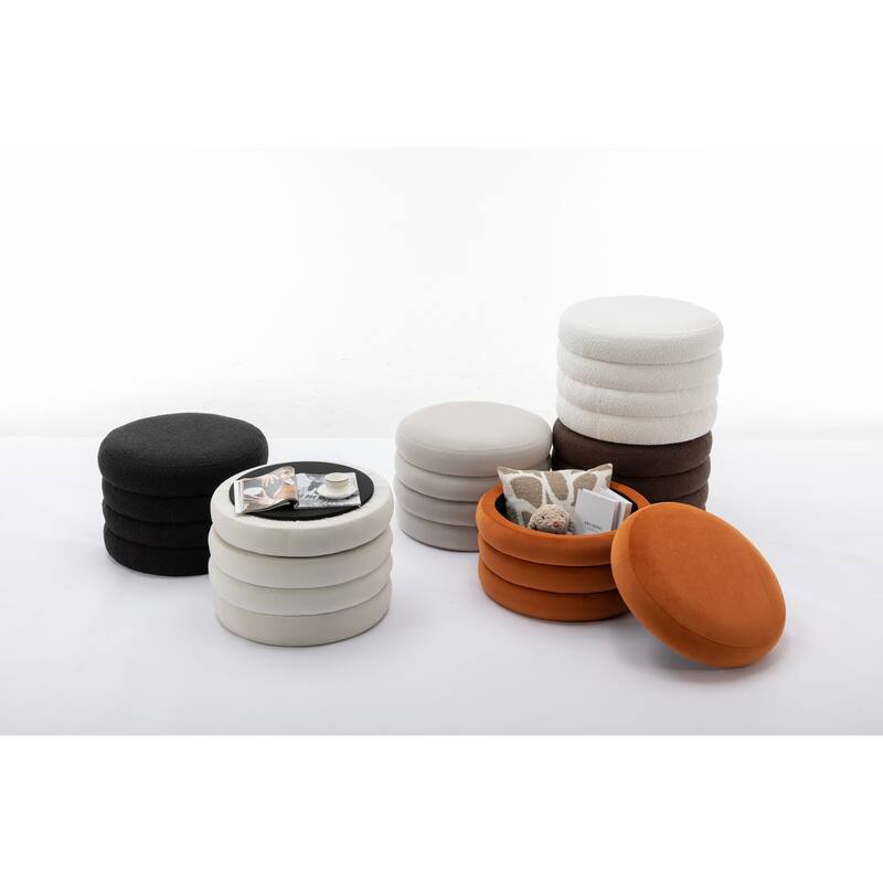 Boucle Fabric Storage Round Ottoman Footstool With Wooden Shelving - Ivory-2