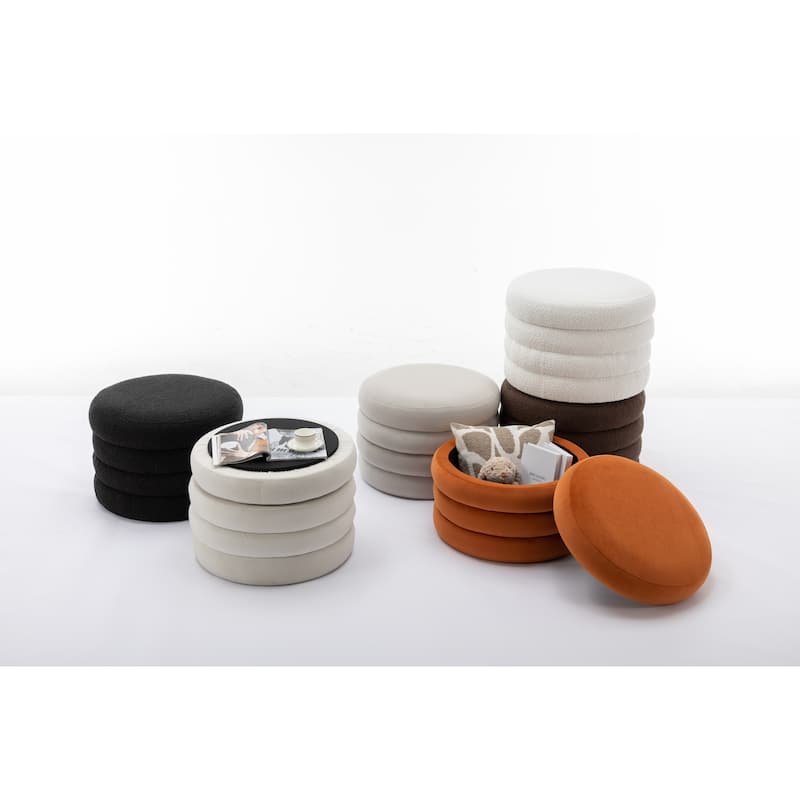 Velvet Round Ottoman with Storage, Footstool with Wooden Shelving, Multifunctional Round Vanity Stool for Makeup