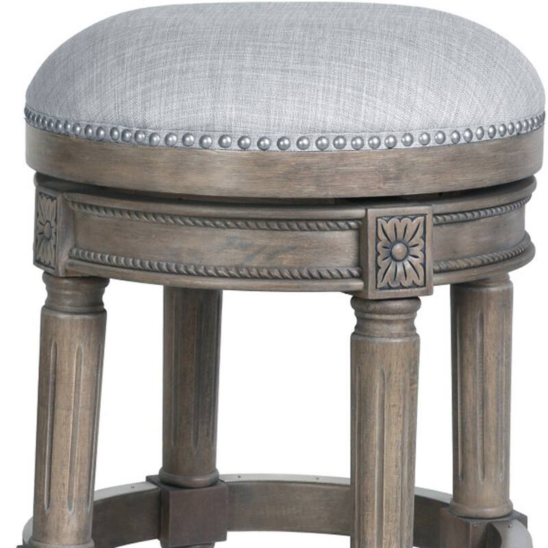 Linen Round Wood Swivel Stool with Nail Head Trim, Backless and Footrest