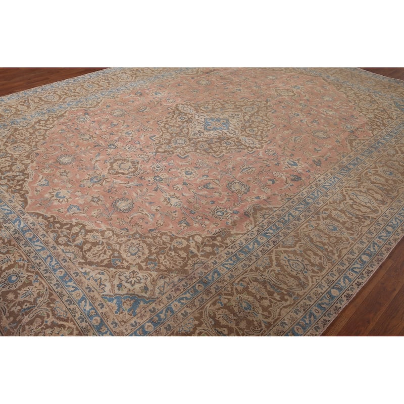 Distressed Mashad Persian Vintage Rug Hand-Knotted Pink Wool Carpet - 9'7"x 12'10"