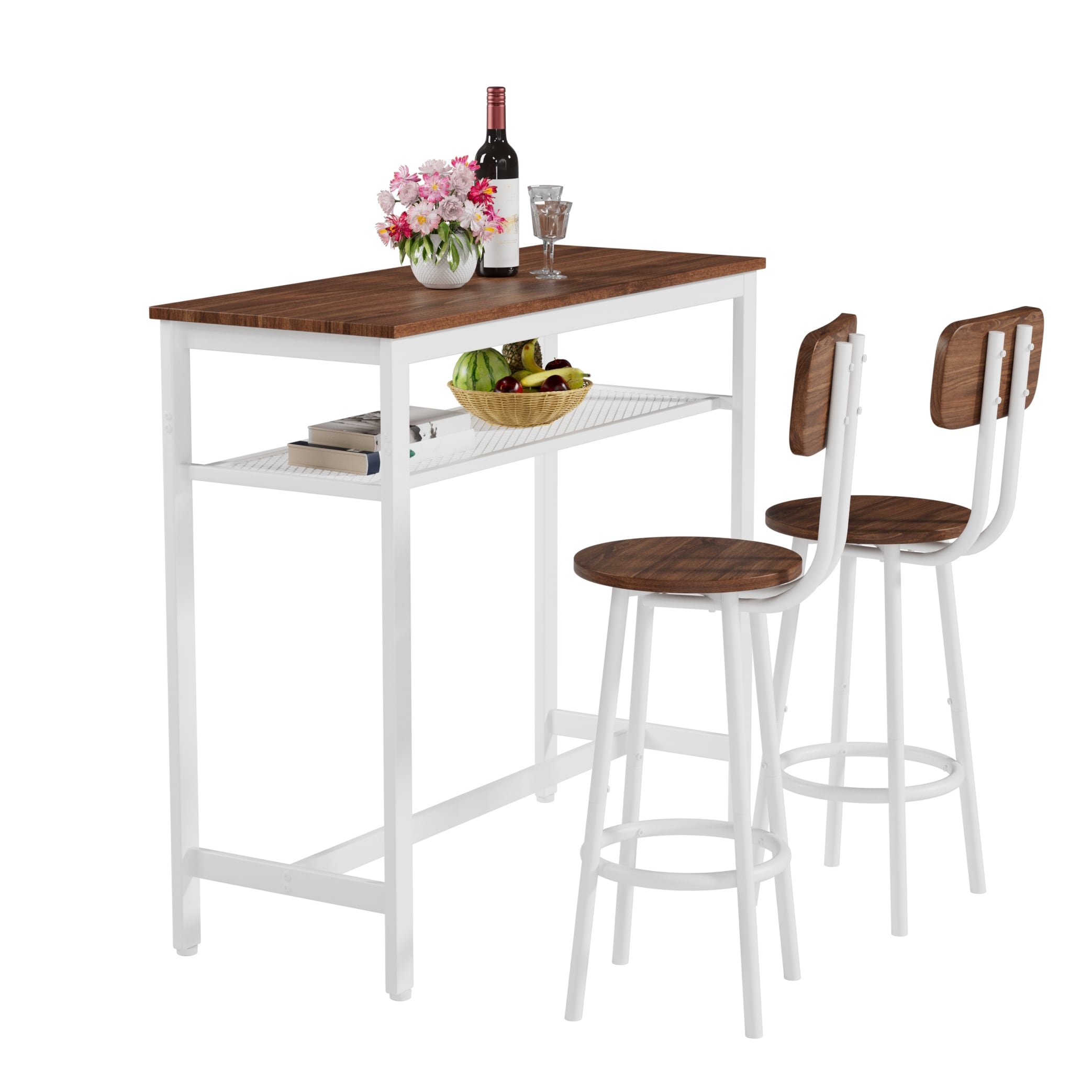 Brown 3-Piece Counter Height Table Set with 2 Foldable Stools, Bar Table Set Kitchen Bistro Set with Storage Shelf