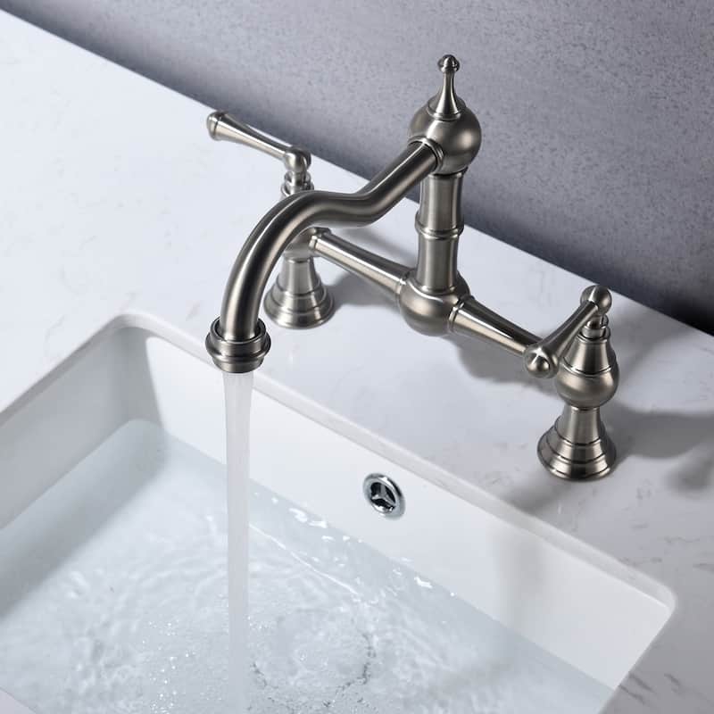 Double Handle Bridge Widespread Kitchen Faucet in Brushed Nickel