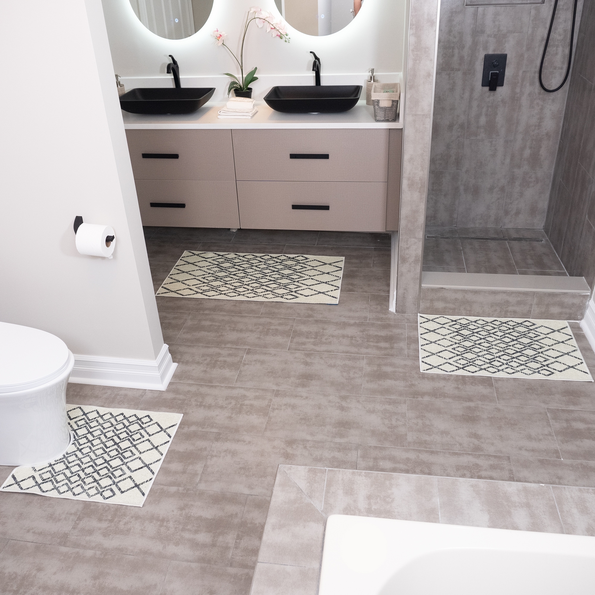 3 Piece Solid Premium Polypropylene Bath Rugs Set with Geometric Design Gold 