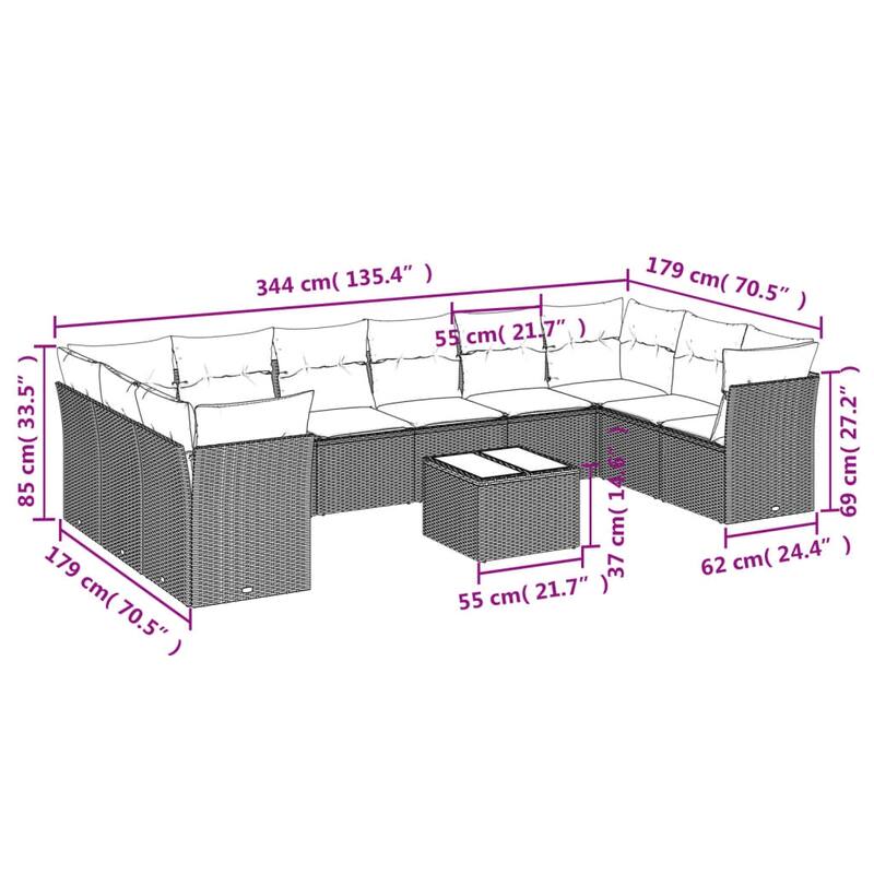 vidaXL Garden Sofa Set Black PE Rattan, Glass, Polyester, Foam Large - 21.7 x 21.7 x 14.6