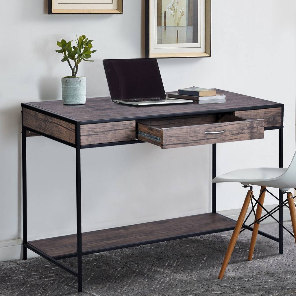 Antique Style Computer Desk with Drawer, Walnut & Black Finish, Sturdy Metal Structure, Smooth Finished Top Surface