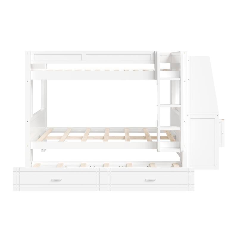 Full Size Multifunctional Bunk Bed Frame with Bookshelves, Desk and Cabinet, Optional with Pull-out Drawers or Trundle Bed