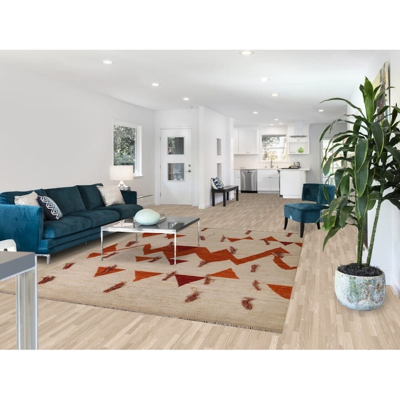 Hand Knotted Oriental 100% Wool Carpet Modern Tribal Beige & Ivories Moroccan Area Rug - 9' 11'' X 6' 10''