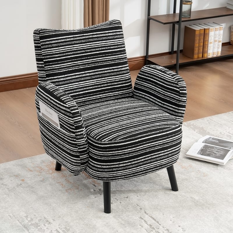 HOMEFUN Boucle Upholstered Stripes Comfortable Wood Frame Single Armchair with Side Pocket - Black