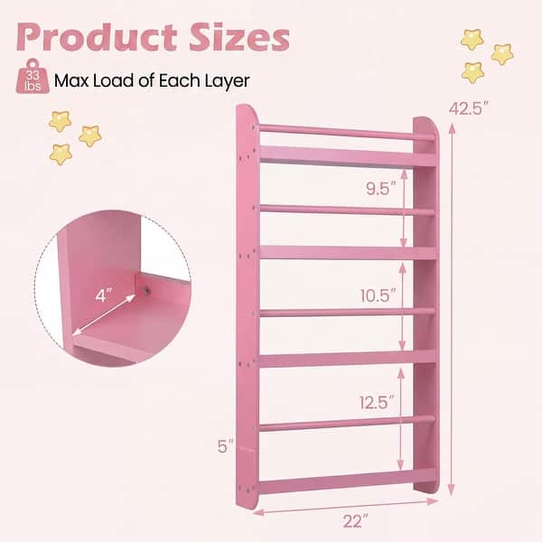 dimension image slide 1 of 2, Costway Kids Bookshelf, 4-Tier Wall Mounted Book Shelf for Toys,