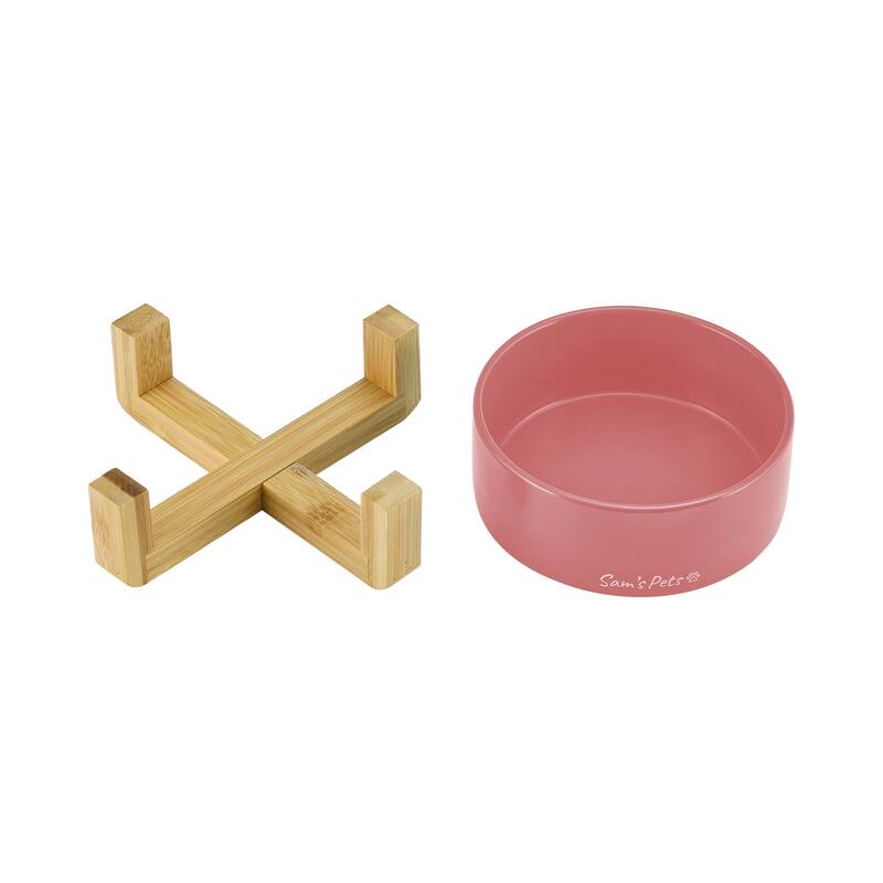 Coco Single Pet Bowl with Wood Stand 5.11'' in Pink - 6.3