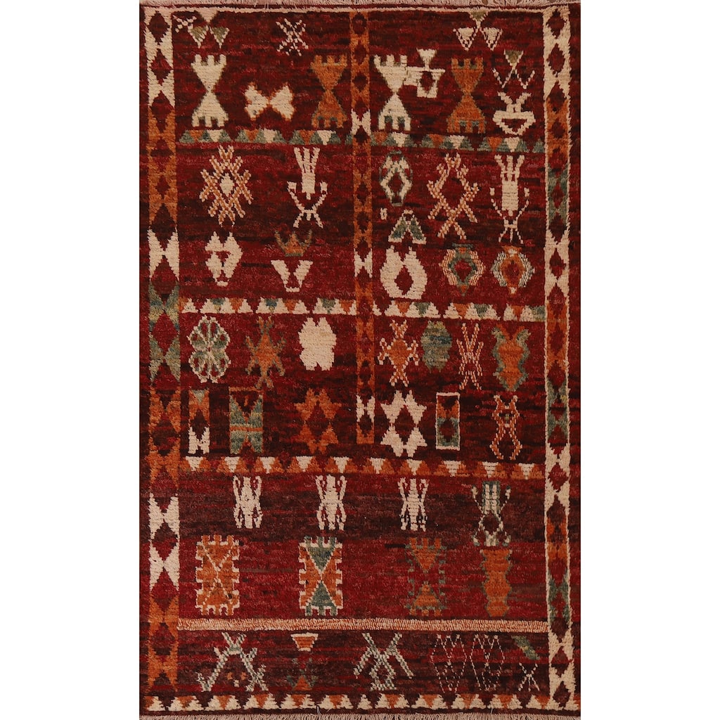Red Tribal Geometric Moroccan Area Rug Hand-knotted Wool Carpet - 6'8" x 9'6"