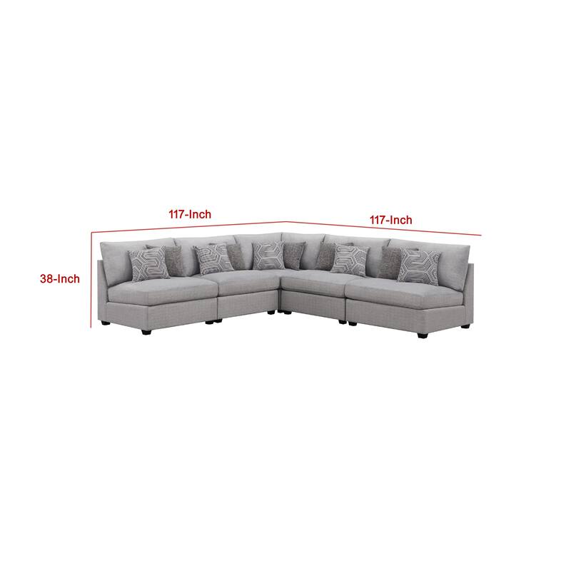 Cambia 5 Piece Modular L Shaped Sectional Sofa, Gray, 10 Pillows