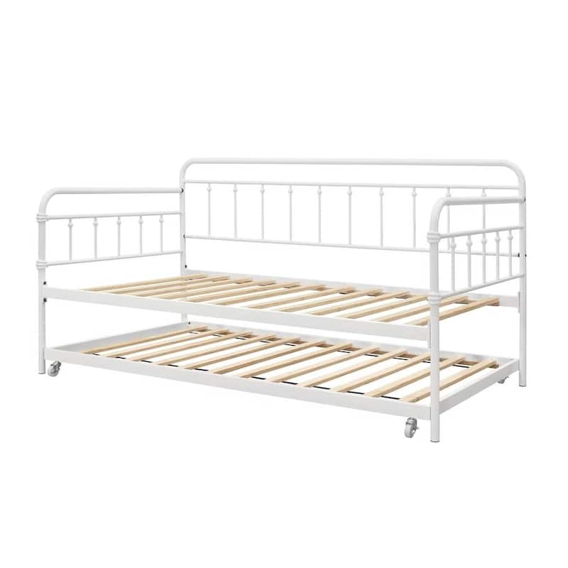 Twin size Rounded Iron Daybed with Roll Out Trundle Bed Frame - White