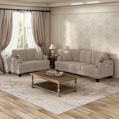 Furniture of America Xenia Modern 2-Piece Boucle Sofa Set with Cup Holders and USB Ports