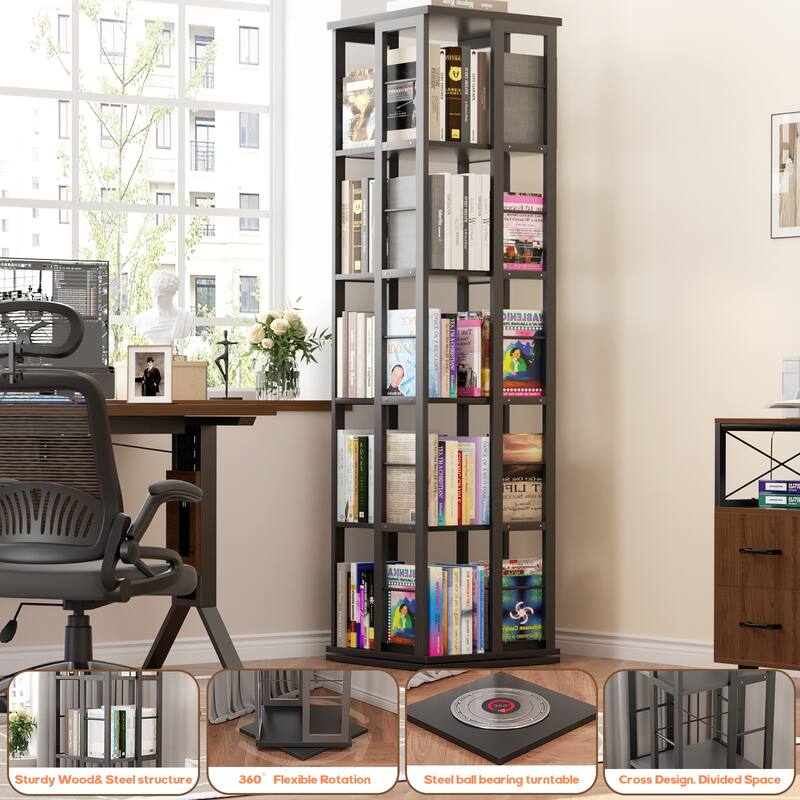 5-Tier Corner Rotating Bookshelf, 360 Display Wood Spinning Bookshelf, Floor Standing Bookcase Organizer Storage Rack