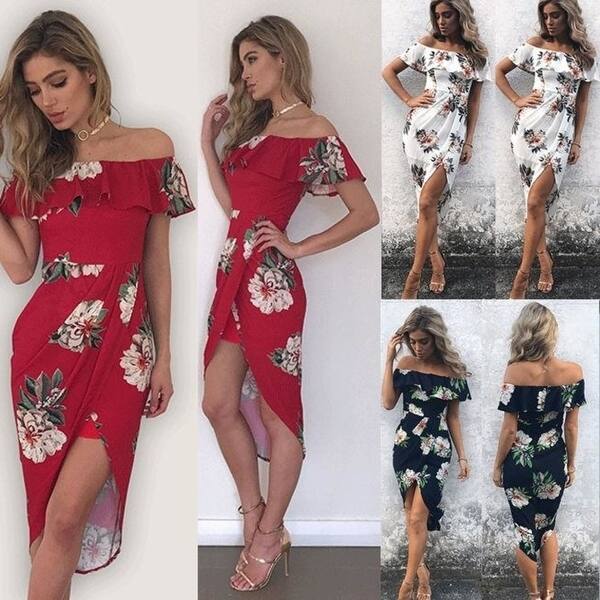 Shop Fashion Women Off Shoulder Beach Boho Dress Red Black White