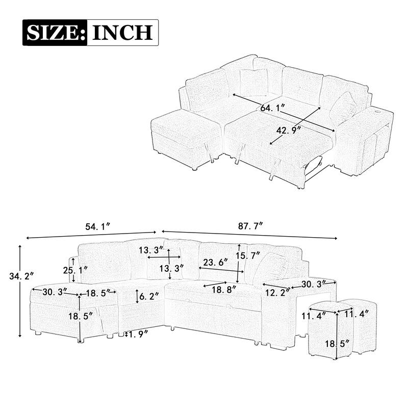 Convertible Sleeper,Sectional Pull Out Sofa Bed with Storage Ottoman,2 Throw Pillows,2 Stools,Cream