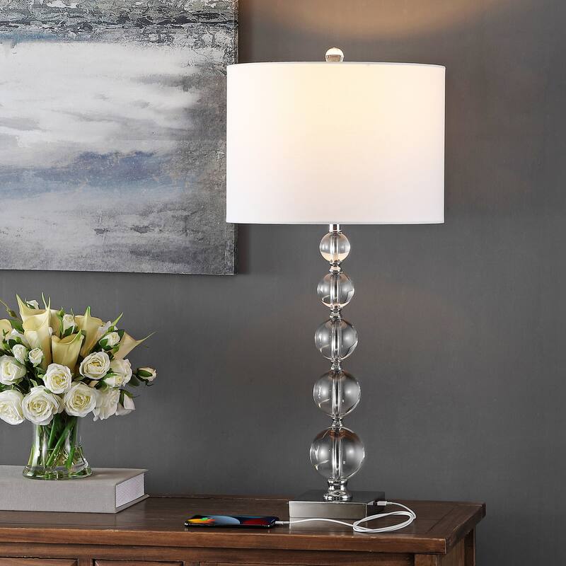 SAFAVIEH Lighting 29 inch Liam White Shade Stacked Crystal Ball Table Lamp - 14" W x 14" D x 30" H