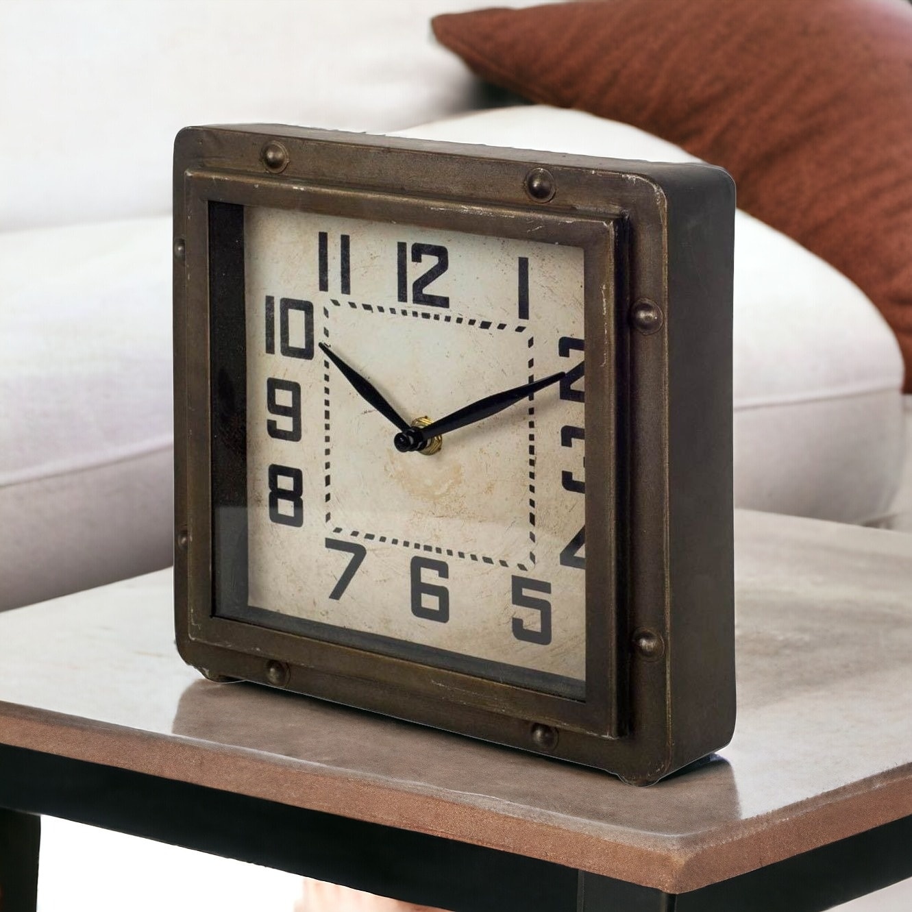 Square Bronze Toned Metal Desk Table Clock With Traditional Black Numbers And Hands Square Bronze Toned Metal Desk Table Clock With Traditional Black Numbers And Hands
