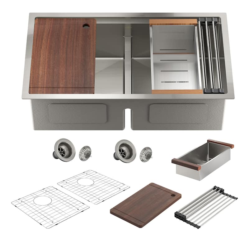 Stainless Steel Sink 33 in. 16-Gauge Double Bowl Undermount Workstation Kitchen Sink in Brushed with Accessories - 33" x 19" - 33" x 19"