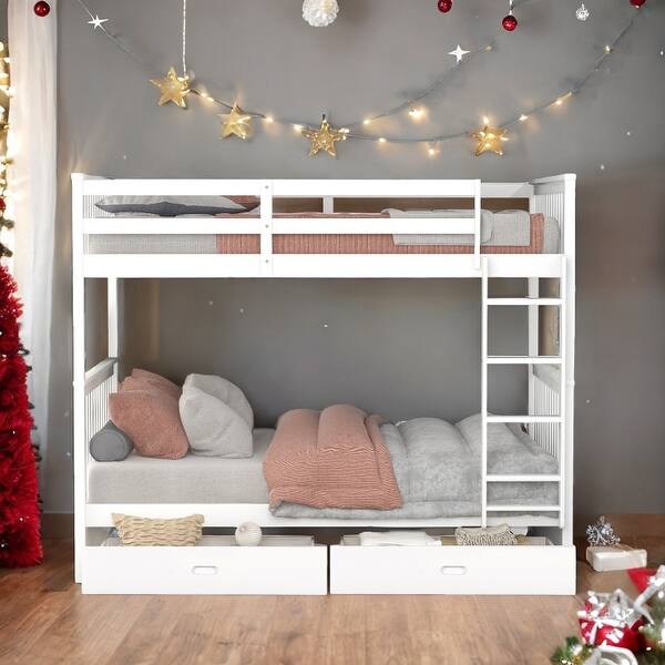 slide 2 of 18, American Classic Traditional Style Twin-over-Twin Bunk Bed with Ladders and Two Storage Drawers White