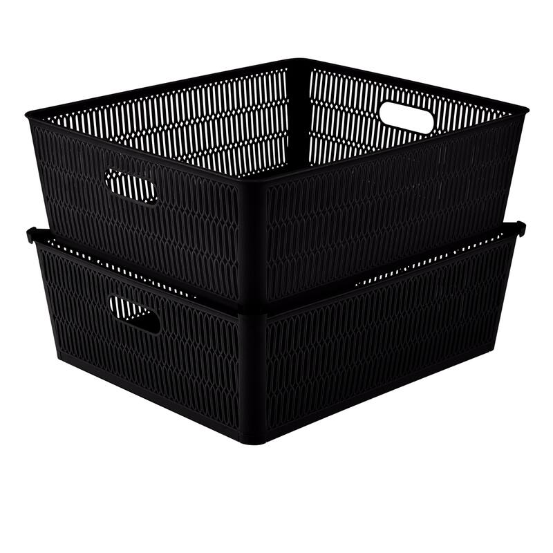 Simplify 2 Pack Slide 2 Stack It Shallow Storage Tote Baskets - 15" x 13" x 5" - Black