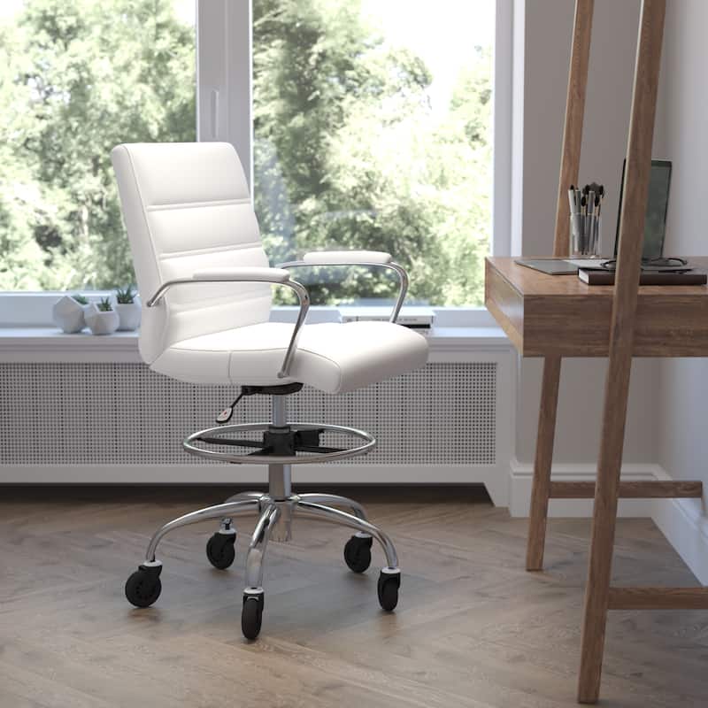 Drafting Chair with Roller Wheels, Adjustable Foot Ring - White