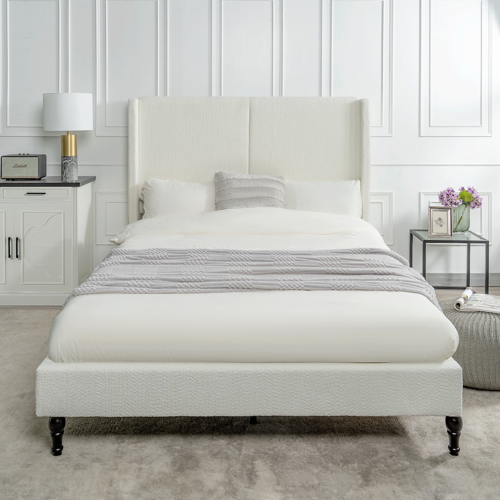 Queen Size Bed Frame with 55.5"High Back Upholstered Boucle Fabric Headboard