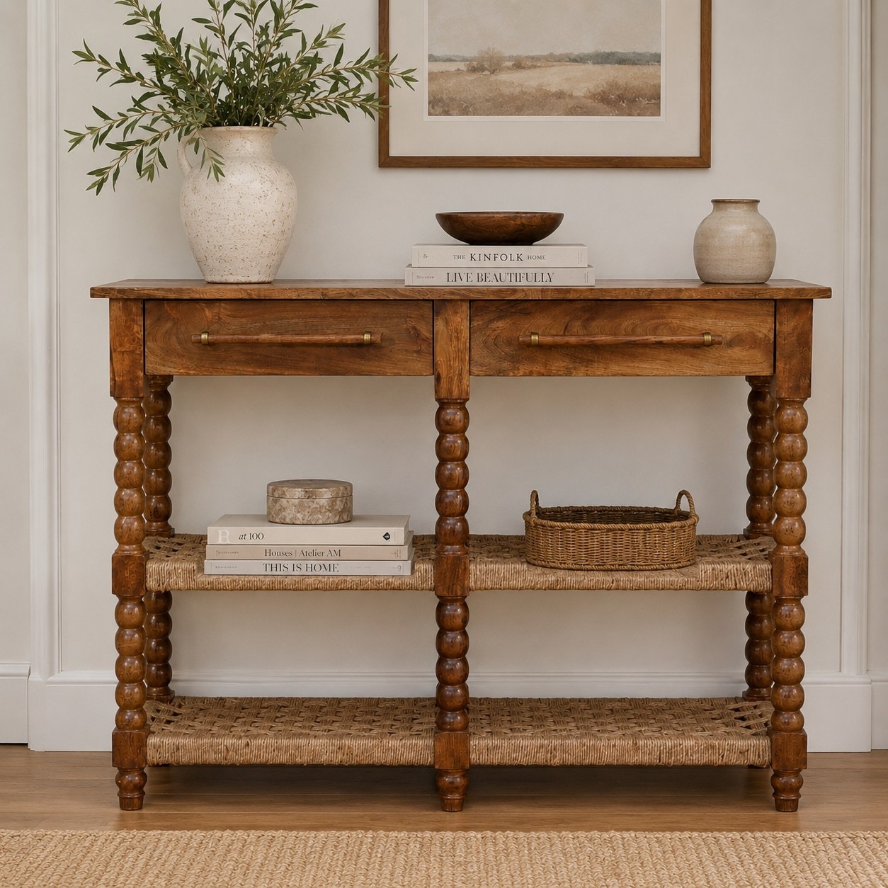 Artisan Furniture Solid Wood Spindle Woven Console , Brown