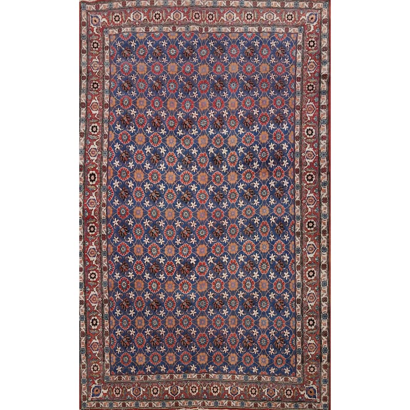 Hand Knotted Oriental 100% Wool Carpet Traditional All-Over Navy Blue & Blues Isfahan Area Rug - 10' 5'' X 7' 1''