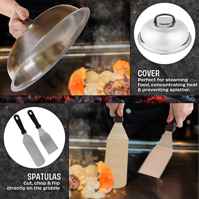 Griddle Accessories - 28PC Grill Set with Stainless Steel Spatulas, Tongs, Cleaner, Dome, and Carry Bag by Home-Complete