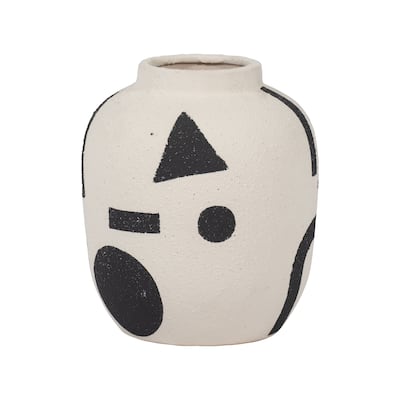 Sagebrook Home Ceramic Vase - 6" Funky Bulbous Design, Ivory/Black, Artistic Suar Wood