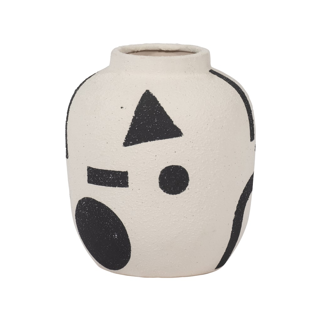 Sagebrook Home Ceramic Vase - 6" Funky Bulbous Design, Ivory/Black, Artistic Suar Wood