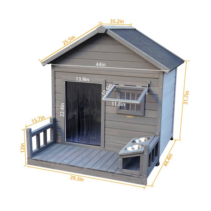 Outdoor Detachable Wooden Dog House Pet House with Cleaning Mat, Patio, 2 Metal Bowls, Suitable for Medium and Large Dogs