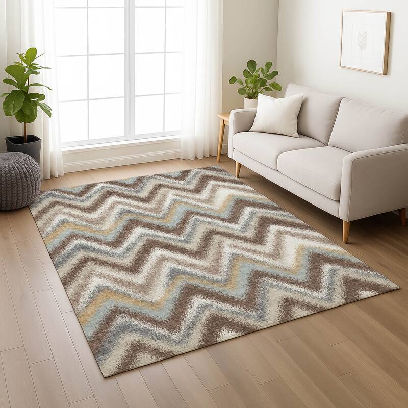 Machine Washable Indoor/ Outdoor Modern Chevron Chantille Rug