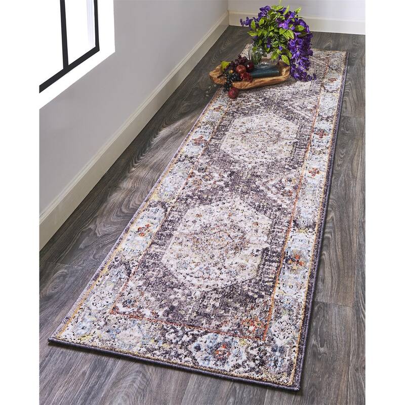 Matana Space Dyed Medallion Area Rug, Light Gray/Plum/Rust