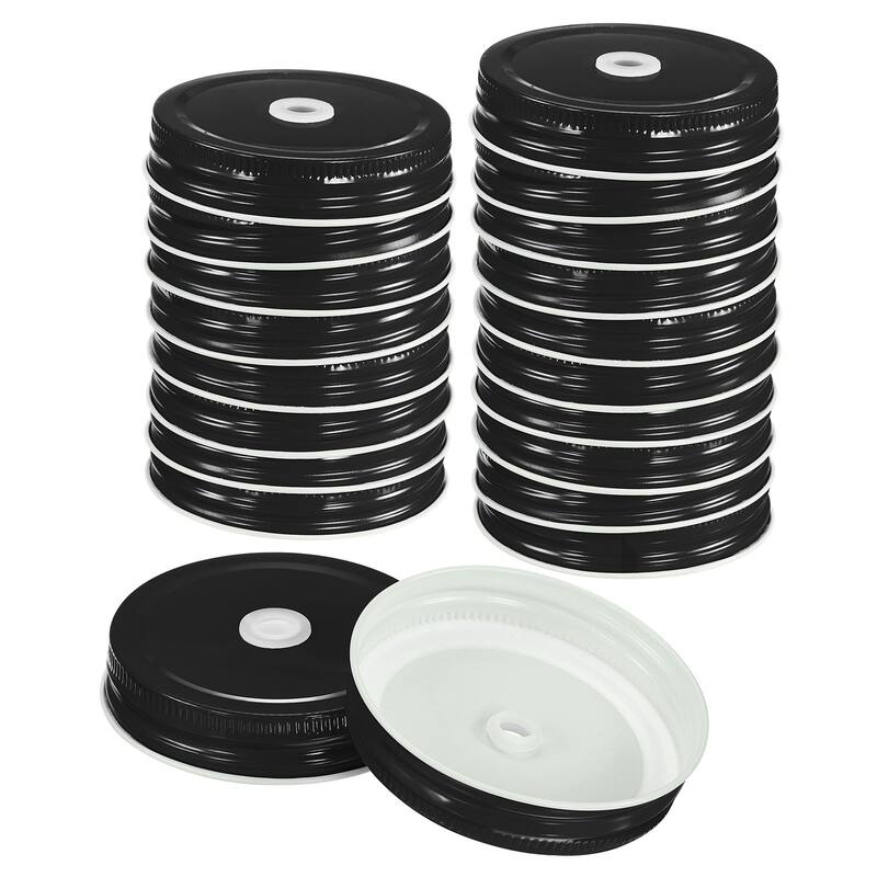 24Pcs 70mm Tinplate Mason Jar Lids Regular Mouth with Straw Hole, Black