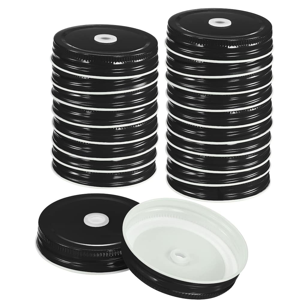 24Pcs 70mm Tinplate Mason Jar Lids Regular Mouth with Straw Hole, Black