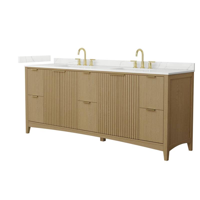 Wyndham Collection WCF9191-84D-QTZ-US3MXX Palmilla 84" Free Standing - Natural Oak / Giotto Quartz Top / Brushed Gold
