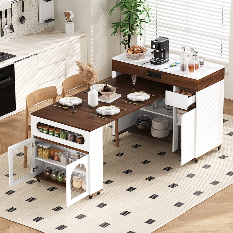 Rolling Kitchen Island with Extendable Table, Drawers, Power Outlet and Brake lock, Storage Cabinet