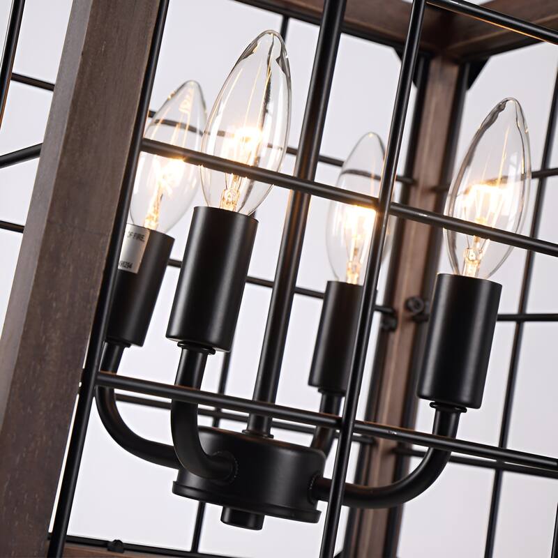 4 - Light Square/Rectangle Chandelier with Wood and Accents