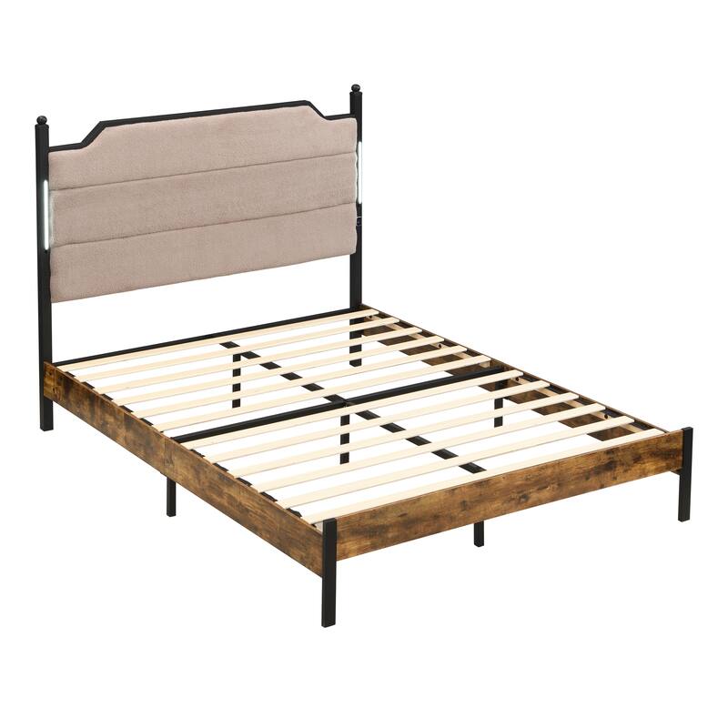 King Bed Frame, Upholstered headboard with Charging and Touch sensitive LED Lights, Under Bed Storage, No Box Spring Needed