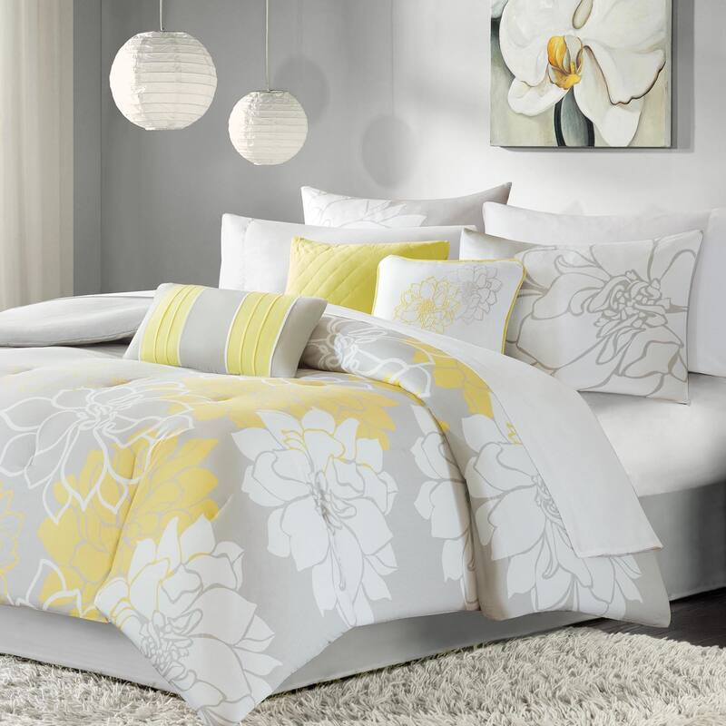 GDF Studio - Lola Printed Cotton Sateen Comforter Set with Decorative Pillows - Yellow+Grey (Cal King)